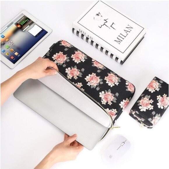 17.3" Laptop Sleeve Case Computer Bag With Small Matching Black Floral Case NEW - Picture 8 of 9